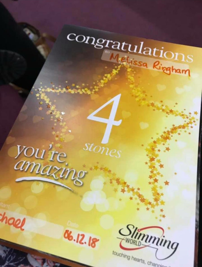 Mel's certificate for losing 4 stone